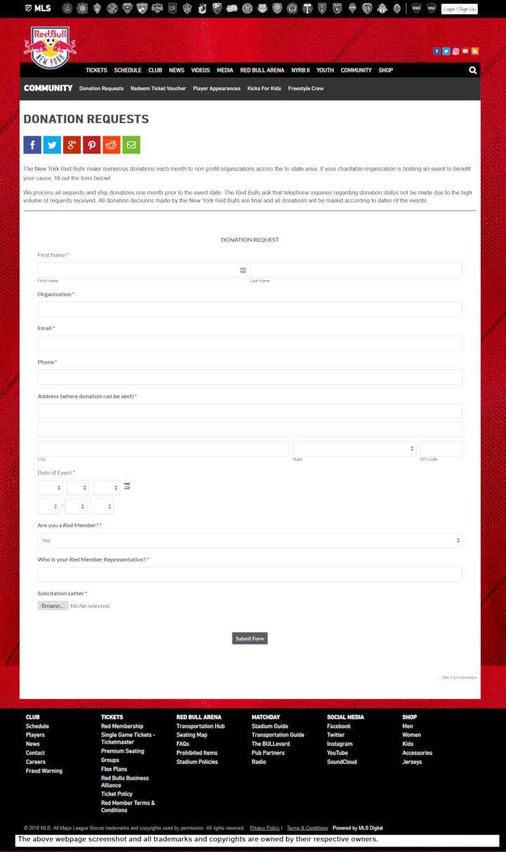 
                New York Red Bulls donation info and form. http://www.newyorkredbulls.com